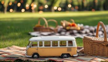 Toy campervan on picnic blanket, summer vibe photo