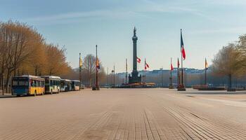 Tranquil city square, monument, flags, empty street photo