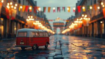 Toy camper van on a Parisian street at night photo