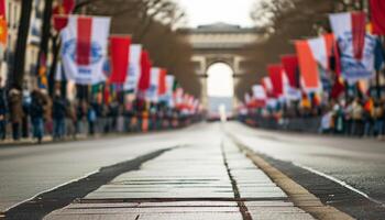 Triumphal arch in the distance, parade in focus photo