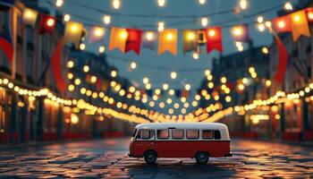 Toy van on a festive street at night photo