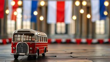 Vintage bus model against a festive backdrop. photo