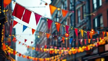 Vibrant bunting flags strung across a city street. photo