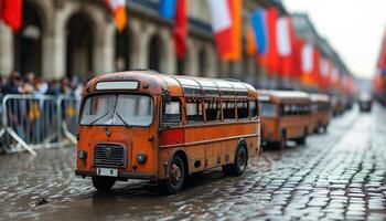 Vintage bus model in a city parade photo