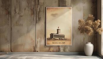 Vintage poster of a building on a wooden wall photo
