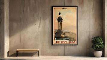 Vintage travel poster of a monument and bus. photo