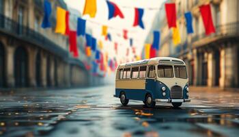 Vintage toy bus on a festive street photo