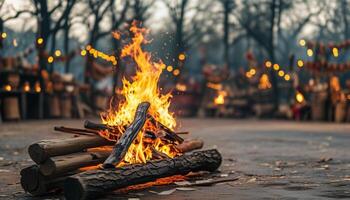 Warm bonfire burning brightly in the evening. photo