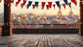 Wooden balcony with bunting, city lights bokeh background photo