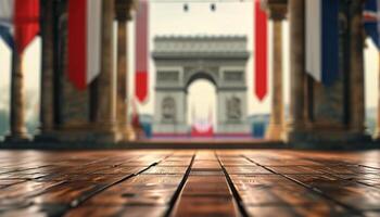 Wooden floor with blurred Arc de Triomphe background photo