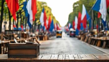 Wooden box on table, street with flags blurred background photo