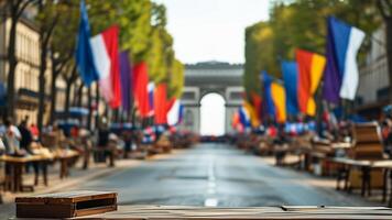 Wooden surface with blurred Parisian street and Arc de Triomphe background. photo