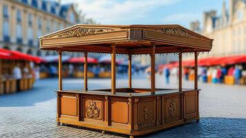 Wooden market stall in a bustling town square. photo