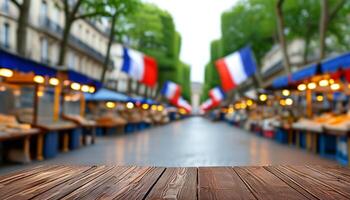 Wooden table in front of blurred Parisian street market photo