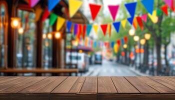 Wooden table with blurred festive street background photo