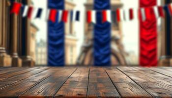 Wooden table with blurred Bastille Day background photo