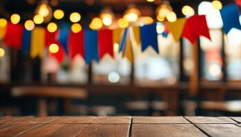 Wooden table with blurred festive background photo