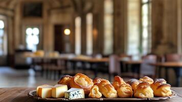Pastries and cheese in elegant setting photo