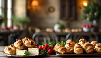 Pastries, cheese, and raspberries on a wooden table in a cafe setting. photo