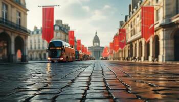 Modern bus on cobblestone street with red banners photo