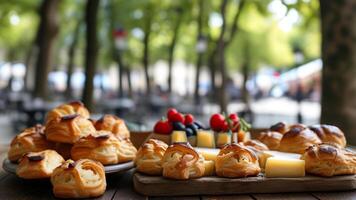 Pastries and cheese on wooden board, outdoor cafe setting photo