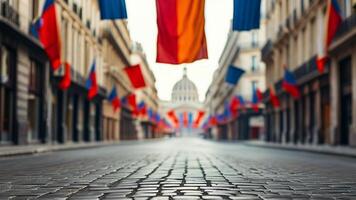 Parisian street decorated with flags, leading to a grand building. photo