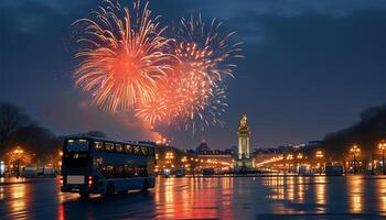 Fireworks over Paris, double decker bus photo