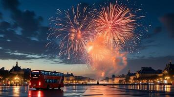 Fireworks over city with double decker bus photo