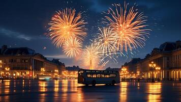 Fireworks over city square with a vintage bus photo