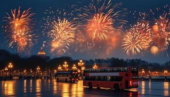 Fireworks over city square with buses photo