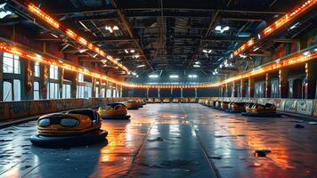 Abandoned bumper cars in a dark, decaying amusement park. photo