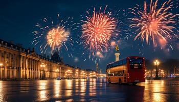 New Year's Eve fireworks over city street with bus photo