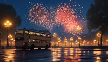 Double decker bus at night with fireworks photo