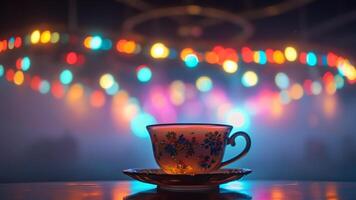 A teacup with warm lights bokeh background photo