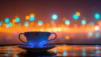 A teacup glows softly against a bokeh background. photo