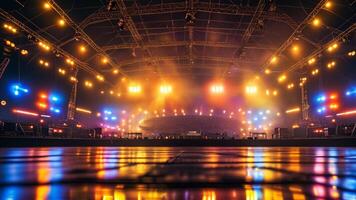 Empty concert stage with colorful lights and fog photo