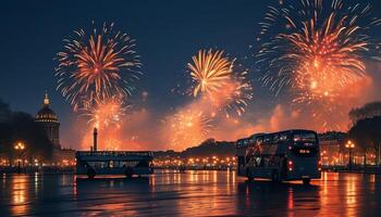 Fireworks display over city with buses photo