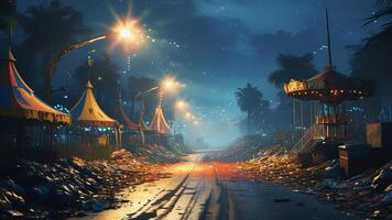 Abandoned carnival at night, littered street photo
