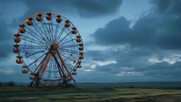 Abandoned Ferris wheel under a dramatic sky photo