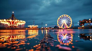 Amusement park at night reflecting in a puddle. photo