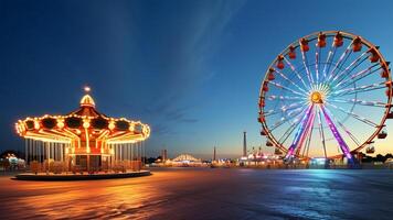 Amusement park at night with Ferris wheel and carousel photo
