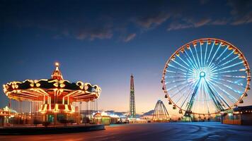 Amusement park at night with Ferris wheel and carousel photo