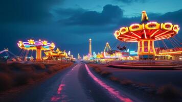 Amusement park at night, colorful lights photo