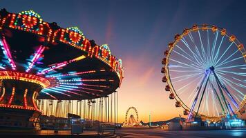 Amusement park at sunset with Ferris wheel and carousel photo
