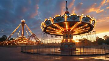 Amusement park at sunset, carousel and tower ride. photo