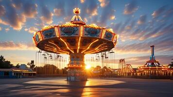 Amusement park carousel at sunset photo