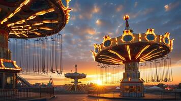 Amusement park rides at sunset photo