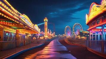 Brightly lit amusement park at night photo