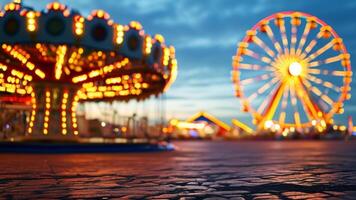 Blurred Ferris wheel and carousel at night. photo