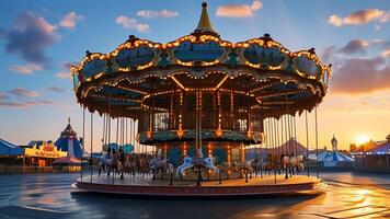Carousel at sunset, amusement park photo